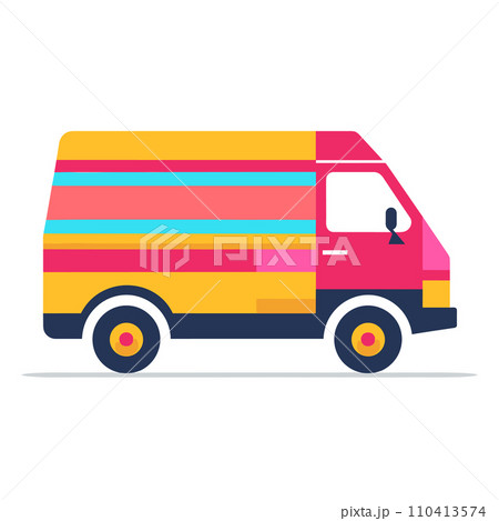 A colorful striped delivery van is stationary in this vector illustration. 110413574