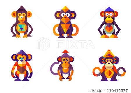 Six colorful monkeys are displayed in a bold vector illustration. 110413577