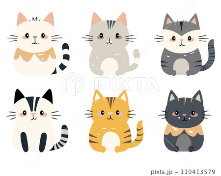 The image shows a collection of six cute cartoon cats in various poses as a vector illustration. 110413579