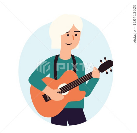A person with blonde hair is playing an acoustic guitar in this vector illustration. A person with blonde hair is playing an acoustic guitar in this vector illustration. 110413629