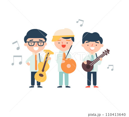 Three cartoon characters are playing musical instruments in a vector illustration 110413640