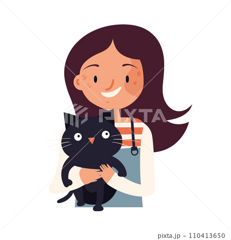 A girl is holding a happy black cat in this colorful vector illustration. 110413650