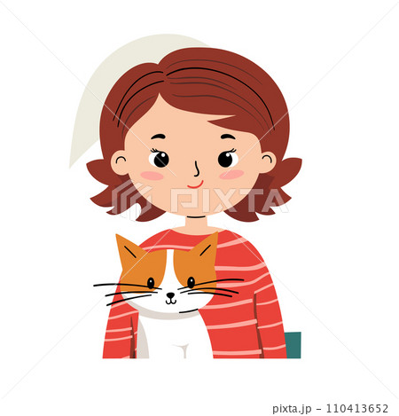 A cute girl hugs a playful orange cat in this charming vector illustration. 110413652