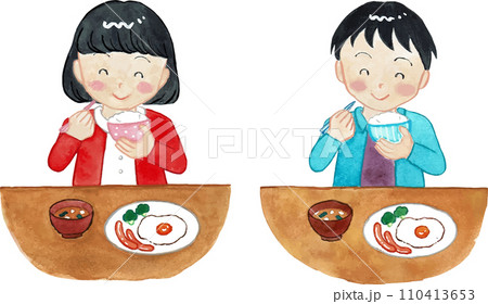 水彩画の朝食中の小学生 水彩画の朝食中の小学生 110413653