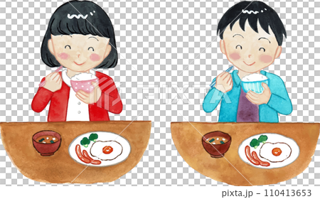 Elementary school students having breakfast in watercolor Elementary school students having breakfast in watercolor 110413653