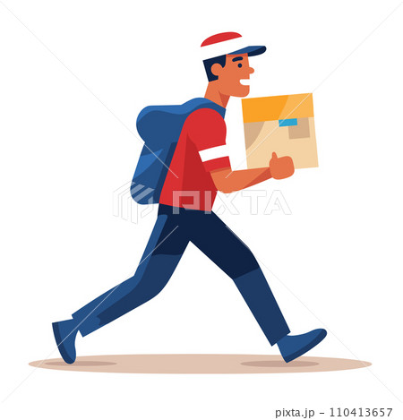 A delivery person is briskly walking with a package in a vector illustration. A delivery person is briskly walking with a package in a vector illustration. 110413657