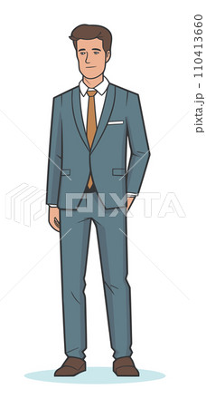 A man in a blue suit stands confidently with his hands at his sides in this vector illustration. 110413660
