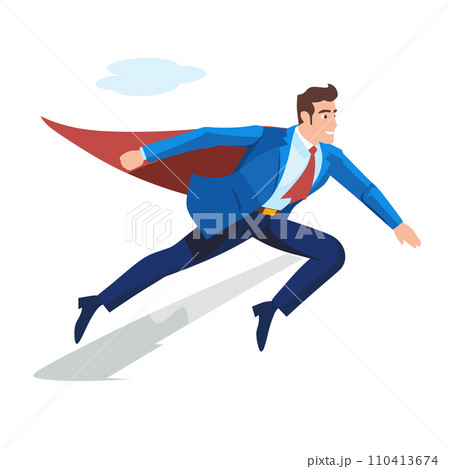 A businessman with a superhero cape is flying swiftly upwards in this vector illustration 110413674