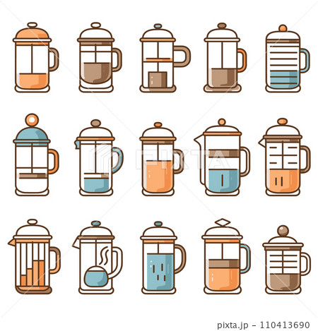 A collection of colorful French press coffee makers in a vector illustration 110413690