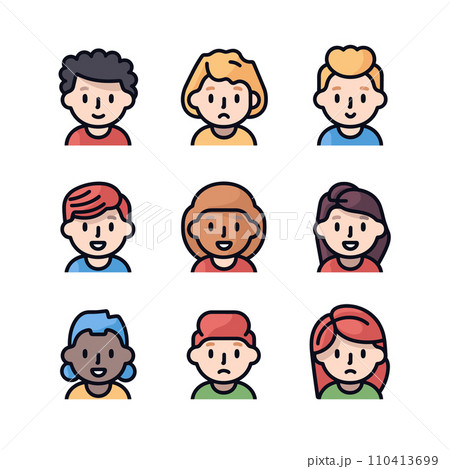 A collection of nine colorful cartoon avatars representing diverse people in a vector illustration. A collection of nine colorful cartoon avatars representing diverse people in a vector illustration. 110413699