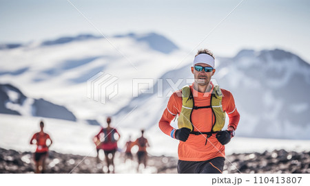 AI-generated content. Young man in sportswear running on snowy mountains. Cross-country running marathon. 110413807