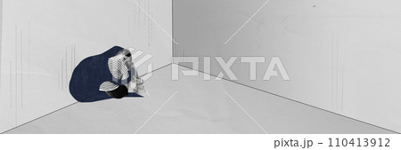 banner. Contemporary art collage. Shadow of unpleasant sensations and negative thoughts hugs girl from behind in corner of room with negative space for text. 110413912