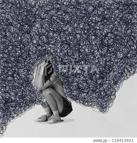 Contemporary art collage. Young girl sits in fog of scribbles symbolizing her obsessive negative thoughts and attitudes. Contemporary art collage. Young girl sits in fog of scribbles symbolizing her obsessive negative thoughts and attitudes. 110413921