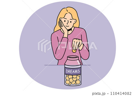 WebSmiling woman gather coins in jar for dreams 110414082