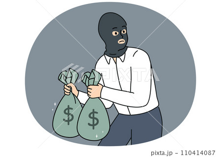 Male thief with money bags in hands Male thief with money bags in hands 110414087