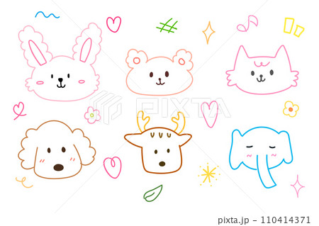 Cute face animal hand drawn doodle for element illustration and kid. Rabbit, bear, elephant, dog, cat and deer. 110414371