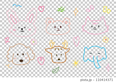 Cute face animal hand drawn doodle for element illustration and kid. Rabbit, bear, elephant, dog, cat and deer. 110414371