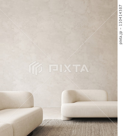 Contemporary living room featuring a plush beige loveseat and armchair with a minimalist aesthetic and clean design 110414387