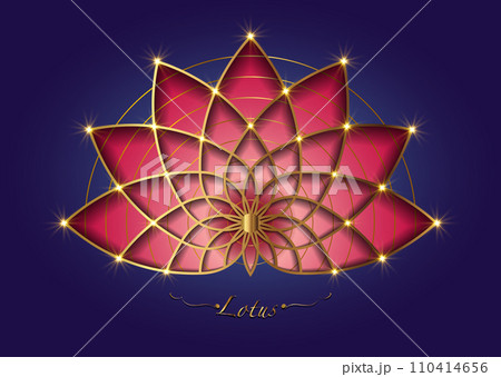 Red Lotus flower, sacred geometry mandala, stylized circular ornament, golden line art floral logo. Flower blossom symbols of yoga, spa, beauty salon, cosmetics, relax, brand style. Vector isolated 110414656