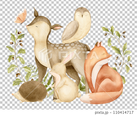 Baby forest Animals for Baby shower greeting cards or newborn invitations. Hand drawn watercolor illustration with cute deer, fox, bunny and owl for childish design. Character for nursery poster. Baby forest Animals for Baby shower greeting cards or newborn invitations. Hand drawn watercolor illustration with cute deer, fox, bunny and owl for childish design. Character for nursery poster. 110414717