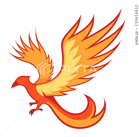 Brightly colored phoenix in flight with wings spread. Mythical fire bird soaring with elegance. Mystical creature symbolizing rebirth vector illustration. 110414812