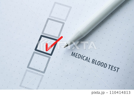 Medical blood test for covid-19, positive test result. Test mark. 110414813