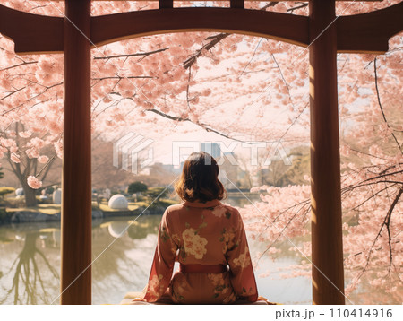 桜並木と女性のうしろ姿　桜満開　観光　旅行 110414916