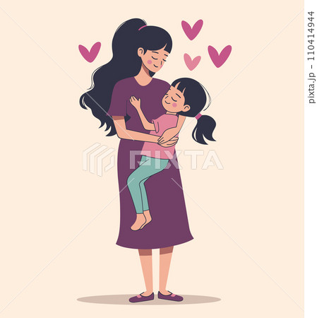 Asian mother hugging young daughter, both smiling, warm family moment with hearts background. Mother s love and child comfort vector illustration. Asian mother hugging young daughter, both smiling, warm family moment with hearts background. Mother s love and child comfort vector illustration. 110414944