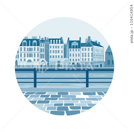 European cityscape with riverfront buildings and cobblestone street in monochrome blue. Urban architecture and city life vector illustration. 110414954