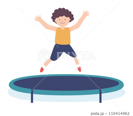 Young boy jumping happily on a trampoline, joyful kid having fun outdoors. Childhood playtime and active recreation vector illustration. Young boy jumping happily on a trampoline, joyful kid having fun outdoors. Childhood playtime and active recreation vector illustration. 110414962