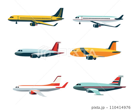 Collection of various commercial passenger airplanes in flight and on ground. Side view of different airlines and airplane models. Air travel and transportation vector illustration. Collection of various commercial passenger airplanes in flight and on ground. Side view of different airlines and airplane models. Air travel and transportation vector illustration. 110414976