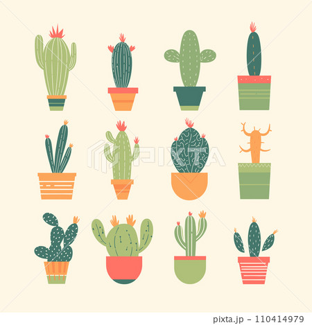 Collection of various cacti in colorful pots. Different types of cactus plants flat design. Desert flora and succulent collection vector illustration. Collection of various cacti in colorful pots. Different types of cactus plants flat design. Desert flora and succulent collection vector illustration. 110414979