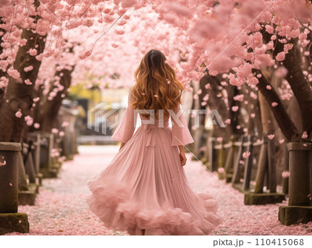 桜並木と女性のうしろ姿　桜満開　観光　旅行 110415068