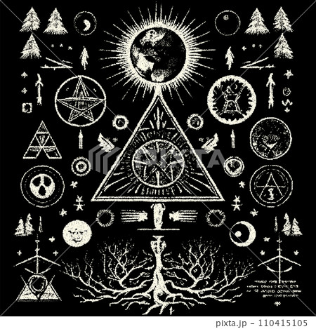 Occult symbols composition in dotwork style. Abstract mystic elements, Sacred tree in retro flat lay composition. 110415105