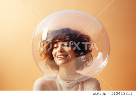 Woman inside a big soap bubble, introvert, loner, living in solitude, recluse. Mental health, psychology concept, inner world, shyness, hiding identity, dreaming, antisocial, alone, avoiding people Woman inside a big soap bubble, introvert, loner, living in solitude, recluse. Mental health, psychology concept, inner world, shyness, hiding identity, dreaming, antisocial, alone, avoiding people 110415813