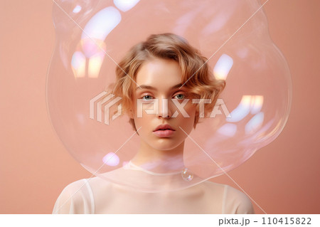 Woman inside a big soap bubble, introvert, loner, living in solitude, recluse. Mental health, psychology concept, inner world, shyness, hiding identity, dreaming, antisocial, alone, avoiding people 110415822
