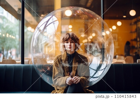 Woman inside a big soap bubble, introvert, loner, living in solitude, recluse. Mental health, psychology concept, inner world, shyness, hiding identity, dreaming, antisocial, alone, avoiding people Woman inside a big soap bubble, introvert, loner, living in solitude, recluse. Mental health, psychology concept, inner world, shyness, hiding identity, dreaming, antisocial, alone, avoiding people 110415843