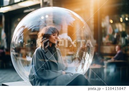 Woman inside a big soap bubble, introvert, loner, living in solitude, recluse. Mental health, psychology concept, inner world, shyness, hiding identity, dreaming, antisocial, alone, avoiding people 110415847