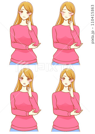 人差し指を頬にあてて考える女性 4種（茶髪） 110415863