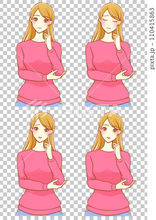 4種用食指放在臉頰上思考的女性（棕色頭髮） 110415863