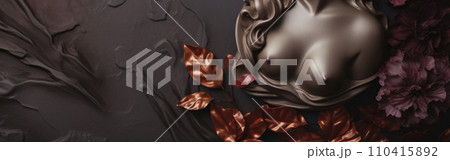 Antique bust of woman on purple background. Bust sculpture with pink and white flowers Banner. Antique bust of woman on purple background. Bust sculpture with pink and white flowers Banner. 110415892