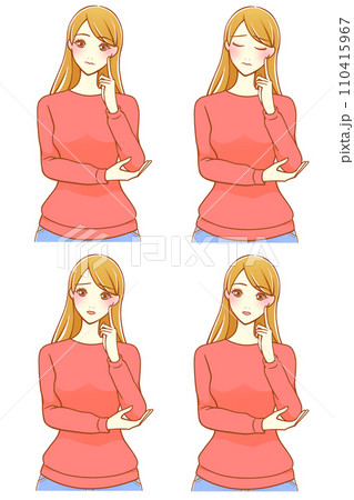 人差し指を頬にあてて考える女性 4種（茶髪） 110415967