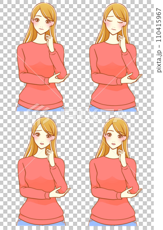 人差し指を頬にあてて考える女性 4種（茶髪） 110415967