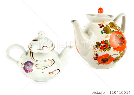 porcelain teapots isolated on a white background. Collage. Free space for text. porcelain teapots isolated on a white background. Collage. Free space for text. 110416014
