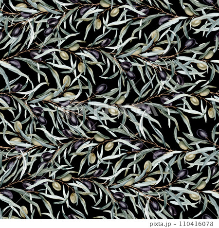 Watercolor seamless pattern with black and green olives and branch. Hand painted Floral wallpaper isolated background for fabric. Botanical illustration for product packaging design or background. Watercolor seamless pattern with black and green olives and branch. Hand painted Floral wallpaper isolated background for fabric. Botanical illustration for product packaging design or background. 110416078