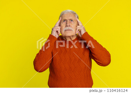 Senior old man rubbing temples to cure headache problem suffering from tension, migraine stress pain 110416124