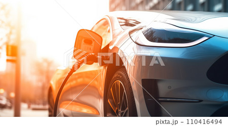 Electric Car on Charging. Charge an Electric Car. Powered car charging station. 110416494