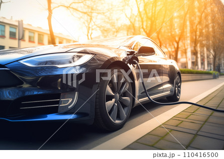 Electric Car on Charging. Charge an Electric Car. Powered car charging station. 110416500