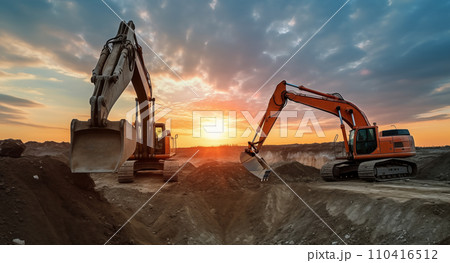 Excavator on earthmoving at open pit mining on sunset. 110416512
