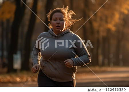 Fat woman on morning running in park. Fat girl with big belly on jogging for weight loss. 110416520
